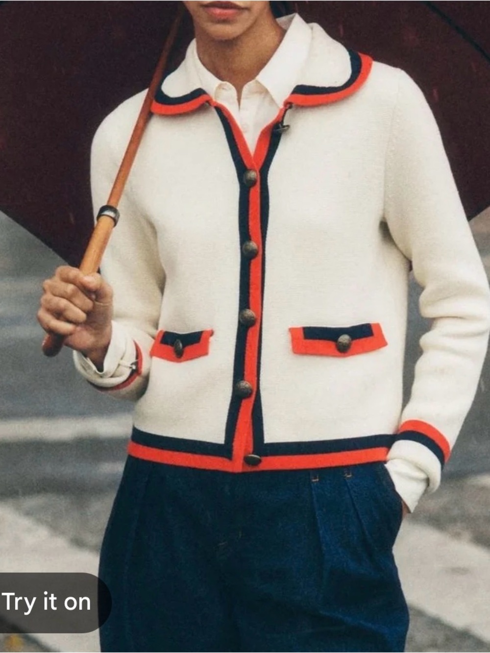 Boden Holly Cream Knit Sweater Jacket with Red and Navy Trim